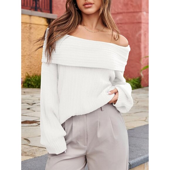 Womens Oversized Off Shoulder Sweater Top Knit Batwing Boat Neck Casual - Picture 3 of 5